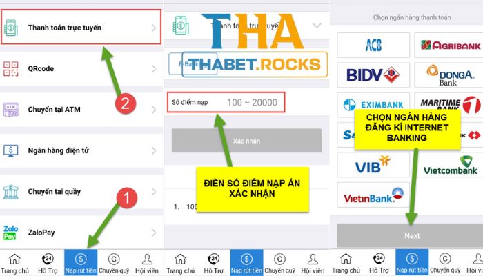 Nạp tiền Thabet bằng phương pháp thanh toán trực tuyến